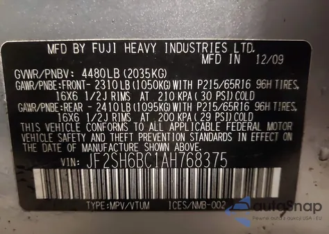 2010 Subaru Forester 2.5X z USA, uszkodzony, nr VIN JF2SH6BC1AH768375